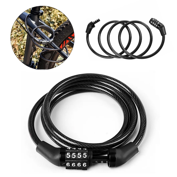 Antifurt bicicleta cu cifru din 4 cifre, lungime cablu 110 cm, grosime 0.7 cm, aliaj otel, PVC, potrivire universala inclusiv bicicleta electrica, motocicleta, trotineta, scuter, MTB