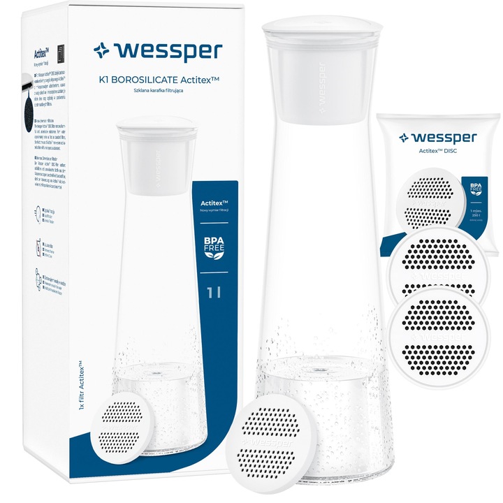 Carafa de sticla pentru apa si bauturi 1L WESSPER cu 3 filtre pentru apa de la robinet