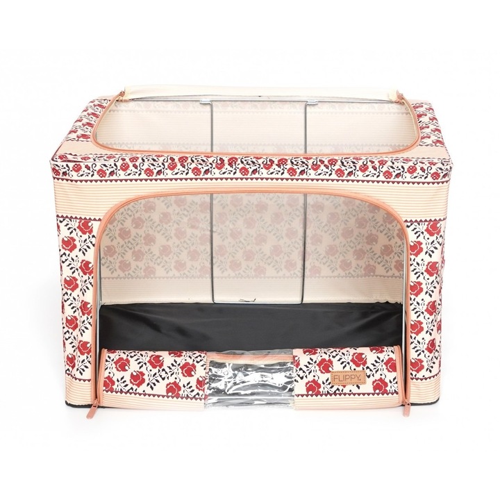 Cutie de Depozitare Pliabila, OEM, 66 L din Bumbac si In, 52 x 42 x 39 cm, Fereastra Frontala, 2 Usi de Acces cu Fermoar Bidirectional, Cadru Metalic, Suport Baza Stabil din Plastic, Motiv Traditional Model 7