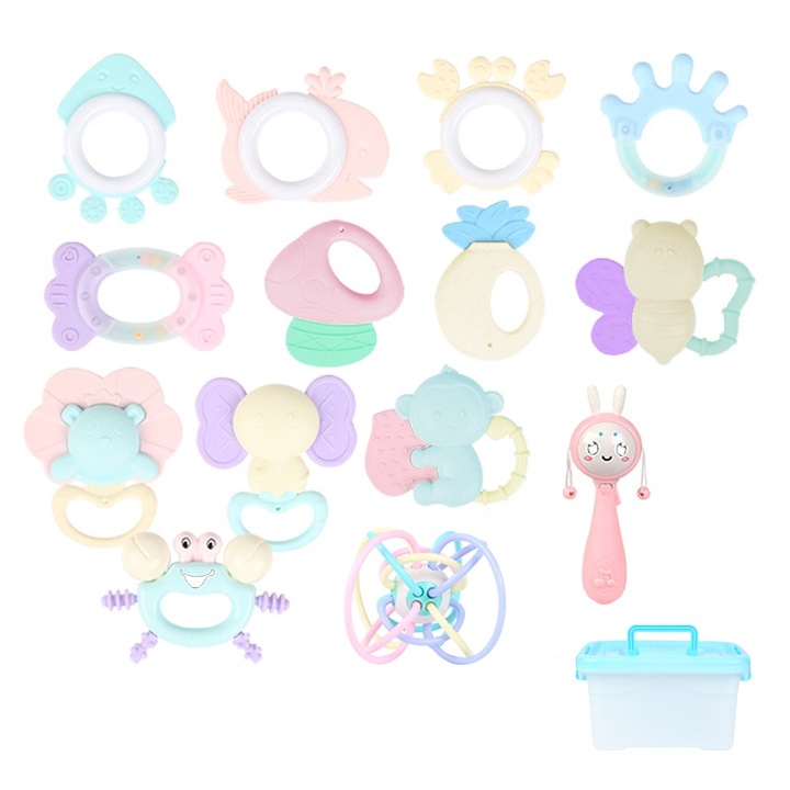 14 db fogzós játék készlet, Momcbebe, zenélő csörgő, Manhattan labda, tarka, 11x9,5cm