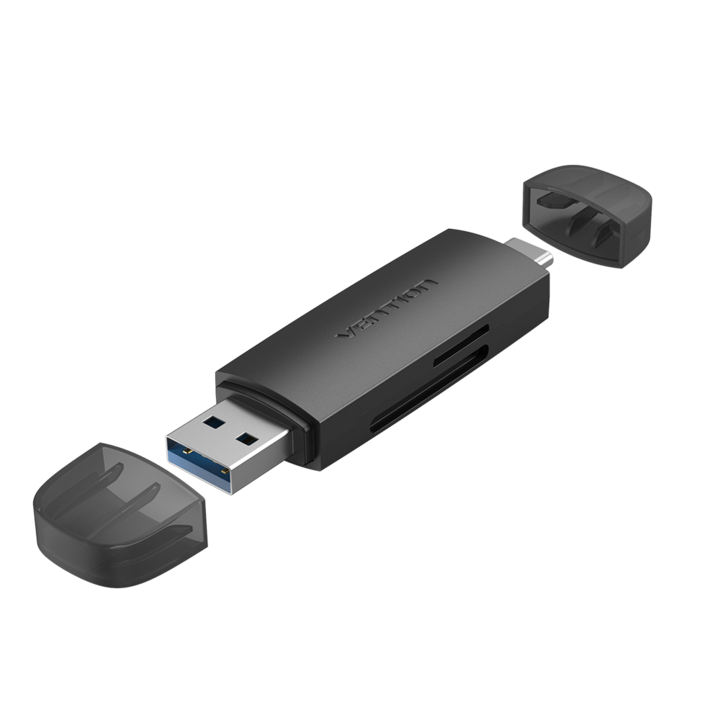 Четец на карти, VENTION, USB/USB-C, SD/TF, черен