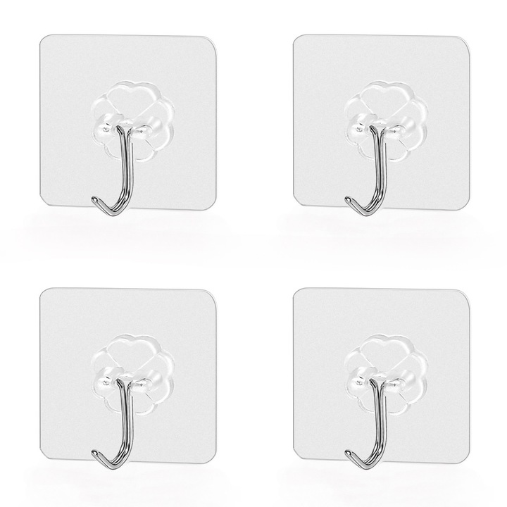 Set 4 carlige super adezive, baza transparenta, poate fi folosit in baie, bucatarie, puternic portant