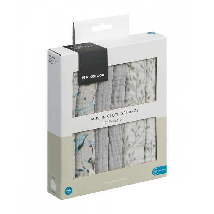Set 6 mini prosopele KikkaBoo Dreamy Fields Grey 30x30 cm din muselina, tesatura naturala respirabila din bumbac, utilizare multipla, imprimeu vesel