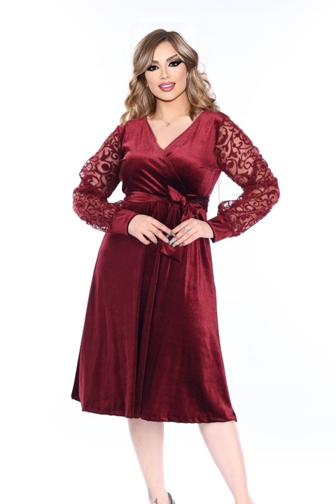 Rochie eleganta, din catifea, cu maneca de dantela, cu decolteul petrecut, Bordeaux, Rosu