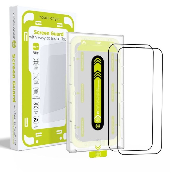 2 db üvegfólia készlet Mobile Origin Screen Guard rögzítési rendszerrel, iPhone 16 kompatibilis, teljes borítás, fekete