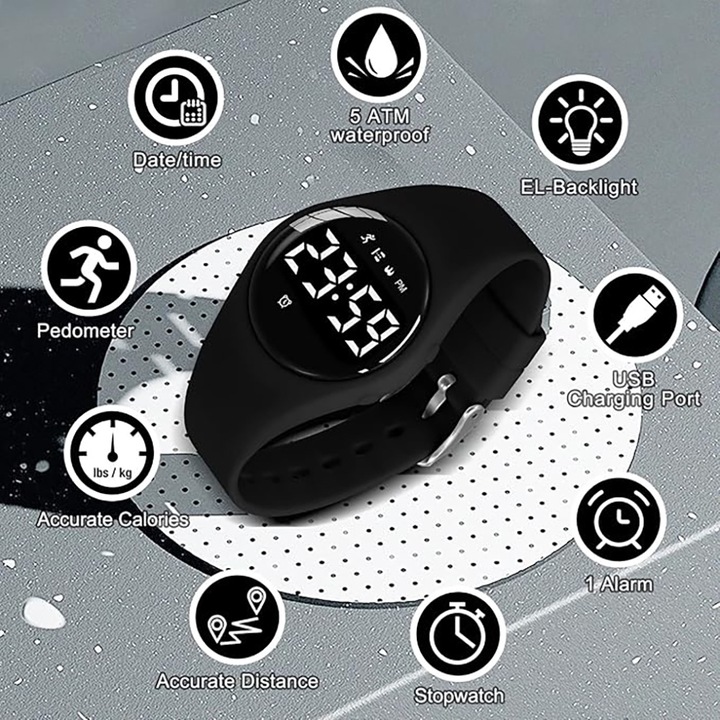 Ceas sportiv digital pentru copii, impermeabil, cu iluminare LED, alarma, cronometru, pedometru, curea din silicon, negru