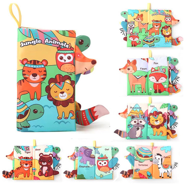 Carte interactiva pentru bebelusi, animale din jungla, rattle incorporat, impermeabil, multicolor, 17x21cm