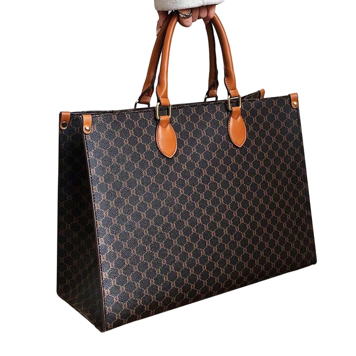 Nagyméretű vintage hordtáska, ökológiai bőr, fekete-barna, cipzárral, 40x20cm