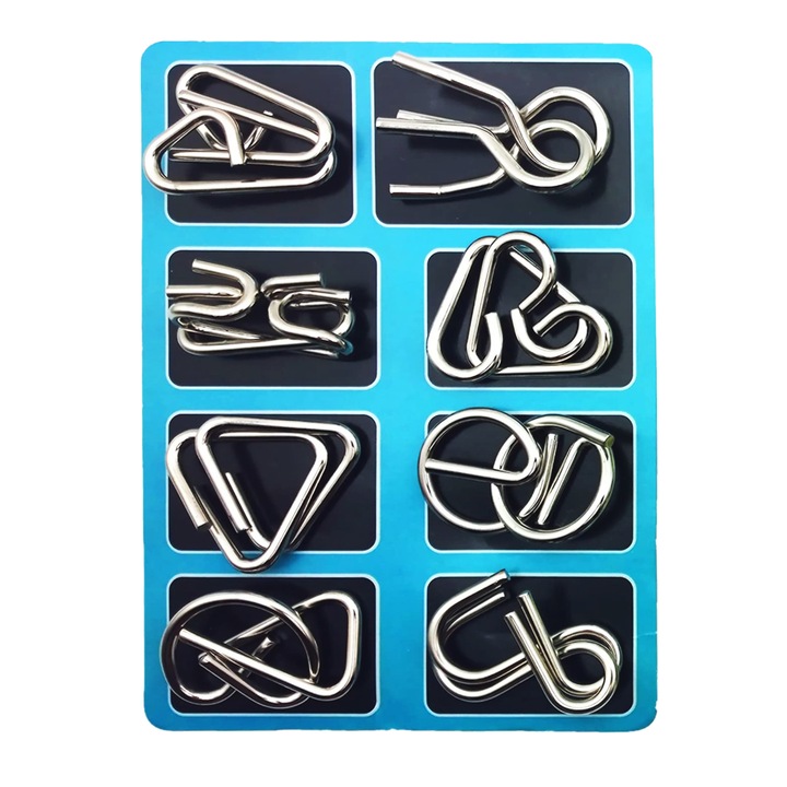 8 db fémes puzzle darabból álló készlet, logikai és IQ teszt, ezüst, 18x13x2cm