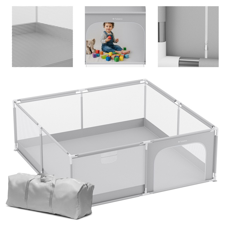 Loc de joaca, Tulano Cozy 28, 180 x 200 cm, Tarc cu Podea pentru Copii, Pentru Utilizare in Interior si Exterior, Picioare Antiderapante, Parti Laterale din Plasa Transparenta, Poliester, 6-36 luni, gri deschis
