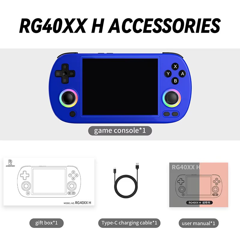 Consola portabila Anbernic RG40XX H, Emulatoare PS1 GB N64, 64GB, Jocuri incluse, Cortex A53 Quad Core, Wifi, Dual RGB Analog, Albastru