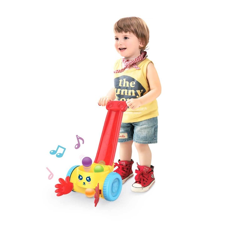 Antemergator Muzical pentru Copii RolyPopper Indiggo® cu Bile Colorate, Colector de Mingi cu Recompensa Muzicala, Maner in Forma de Tobogan, Stabil, Antiderapant, Red/Yellow