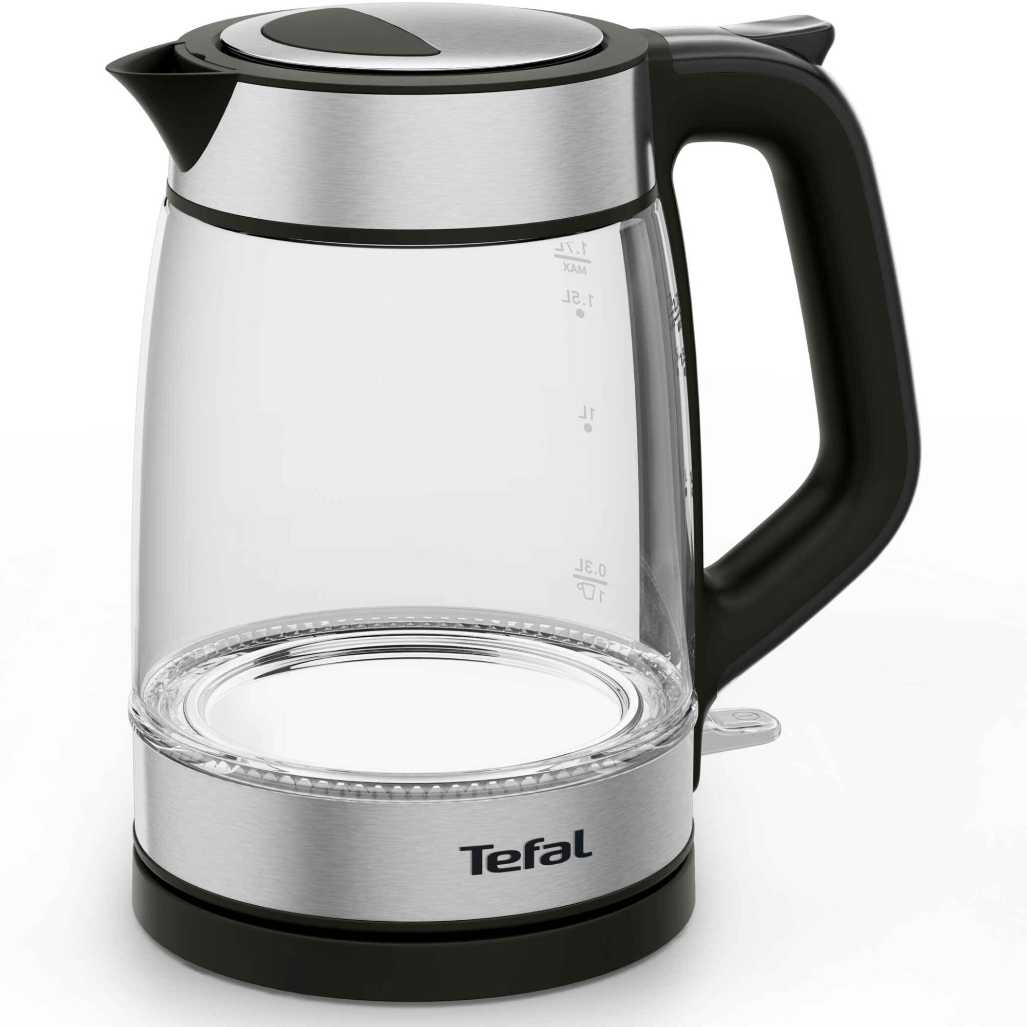 Fierbator Tefal Glass KI605830, 2200W, capacitate 1.7L, gradat, indicator luminos, depozitare cablu, baza rotativa 360°, filtru calcar detasabil, argintiu & negru