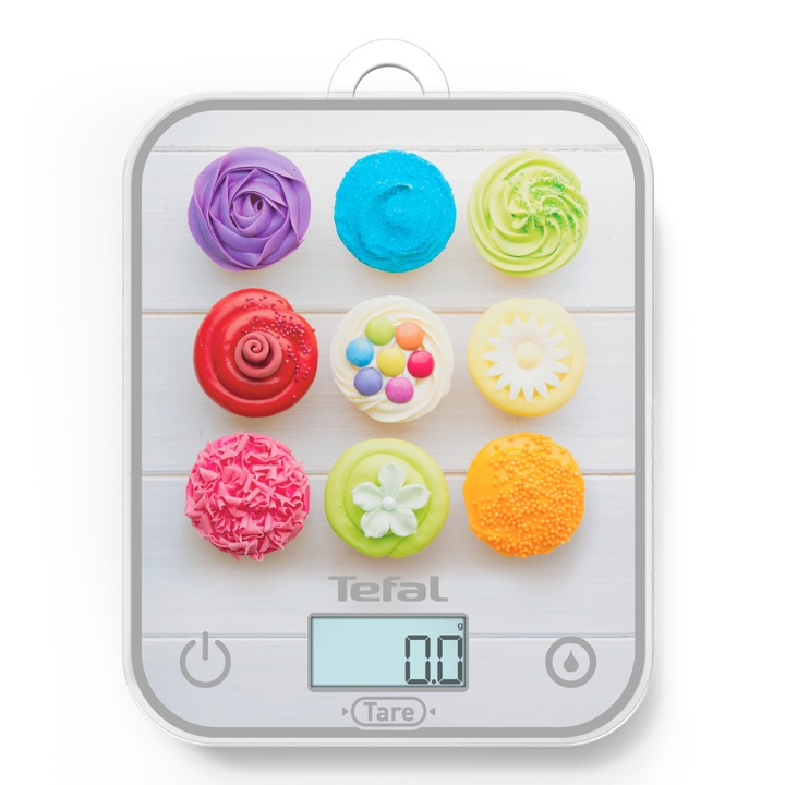 Кухненска везна Tefal Optiss Cupcakes BC50D4V0, 5 кг, Закалено стъкло, Функция тара, Функция за претегляне на течността, Точност 0.5 гр, LCD дисплей, Кука за окачване, Многоцветен