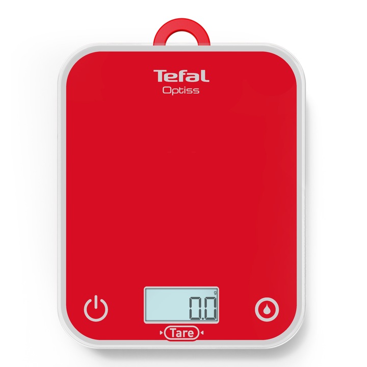 Cantar de bucatarie Tefal Optiss BC50U3V0, 5 kg, sticla securizata, functie Tara, functie de cantarire a lichidelor, precizie 0.5g, afisaj LCD, carlig de agatat, rosu