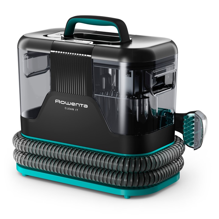 Aspirator cu spalare Rowenta Clean IT IN5020F0, 750W, putere aspirare 13.5kpa, rezervor apa & detergent 2.3L, rezervor apa murdara 1.5L, perii 8/15 cm, accesoriu spatii inguste & incaltaminte, auto clean, husa, negru/verde