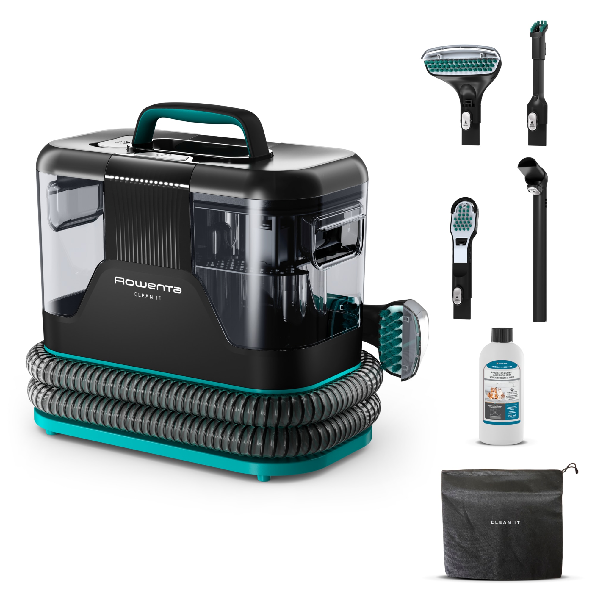Aspirator cu spalare Rowenta Clean IT IN5020F0, 750W, putere aspirare 13.5kpa, rezervor apa & detergent 2.3L, rezervor apa murdara 1.5L, perii 8/15 cm, accesoriu spatii inguste & incaltaminte, auto clean, husa, negru/verde