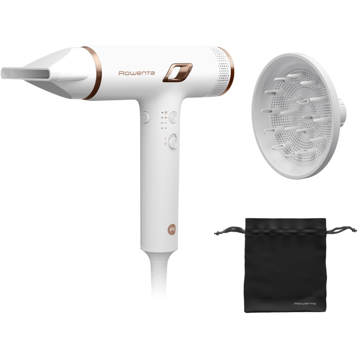 Сешоар Rowenta Nano HY8140F0, Компактен, 1700W, 3 степени на скорост и температура, Концентратор, Дифузер за обем, Йонен генератор, Функция за студен въздушен поток, Подвижна решетка, Включена четка за почистване, Бял