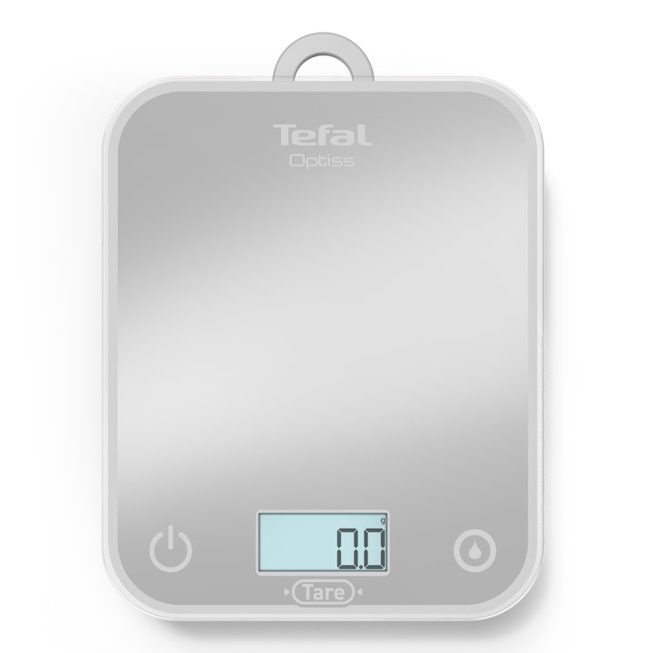 Кухненска везна Tefal Optiss BC50U4V0, 5 кг, Закалено стъкло, Функция тара, Функция за претегляне на течности, Точност 0.5 гр, LCD дисплей, Кука за окачване, Сив