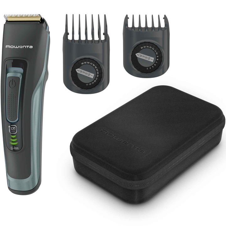 Машинка за подстригване на коса и брада Rowenta Advancer TN5224E0, 2 регулируеми гребена, До 29 дължини, 0.5-30 мм, Прецизна настройка 1 мм, Автономия 120 минути, LED индикатор за батерията, Включен калъф, Черен