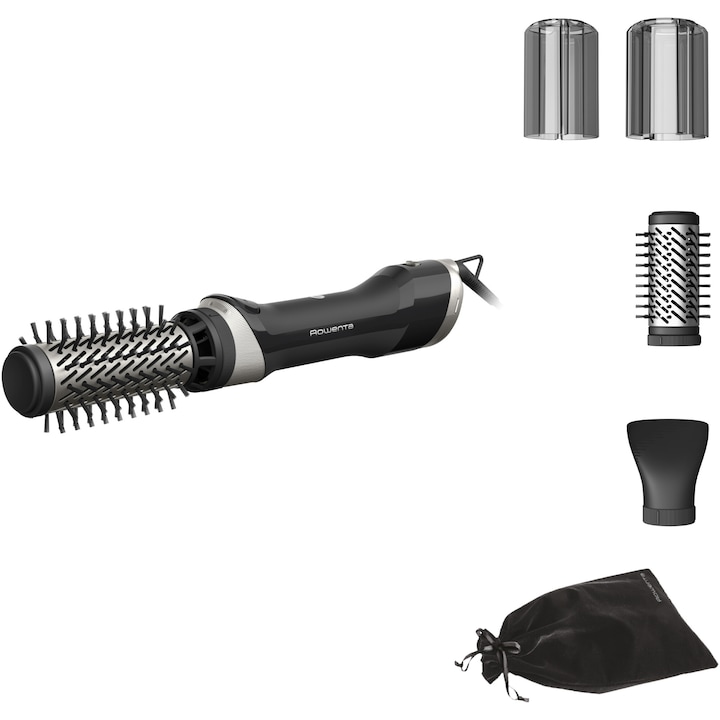 Rowenta Brush Activ UB9530F0 Forrólevegős forgó kefe, 1000W, 2 sebesség/hőmérséklet beállítás, 2 forgó kefe 40/50mm, légsűrítő, légsűrítő, mellékelt tasak, hideg légsugár funkció, iongenerátor, kerámia burkolat, fekete/ezüst