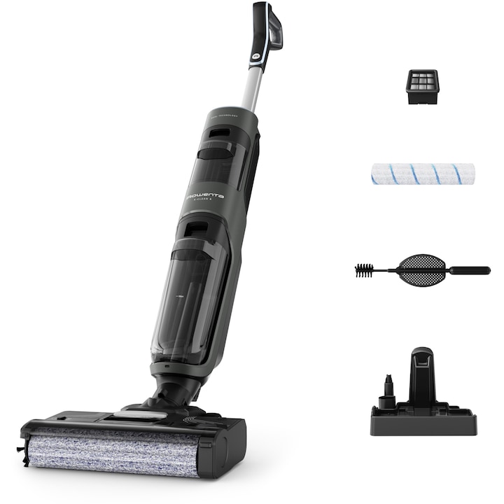Aspirator vertical fara fir cu spalare Rowenta X-Clean 4 GZ5037WO, 200W, 425 RPM, pana la 50 min autonomie, ecran LED, functie autocuratare, baza de incarcare cu suport accesorii, compatibil cu detergent, gri & negru
