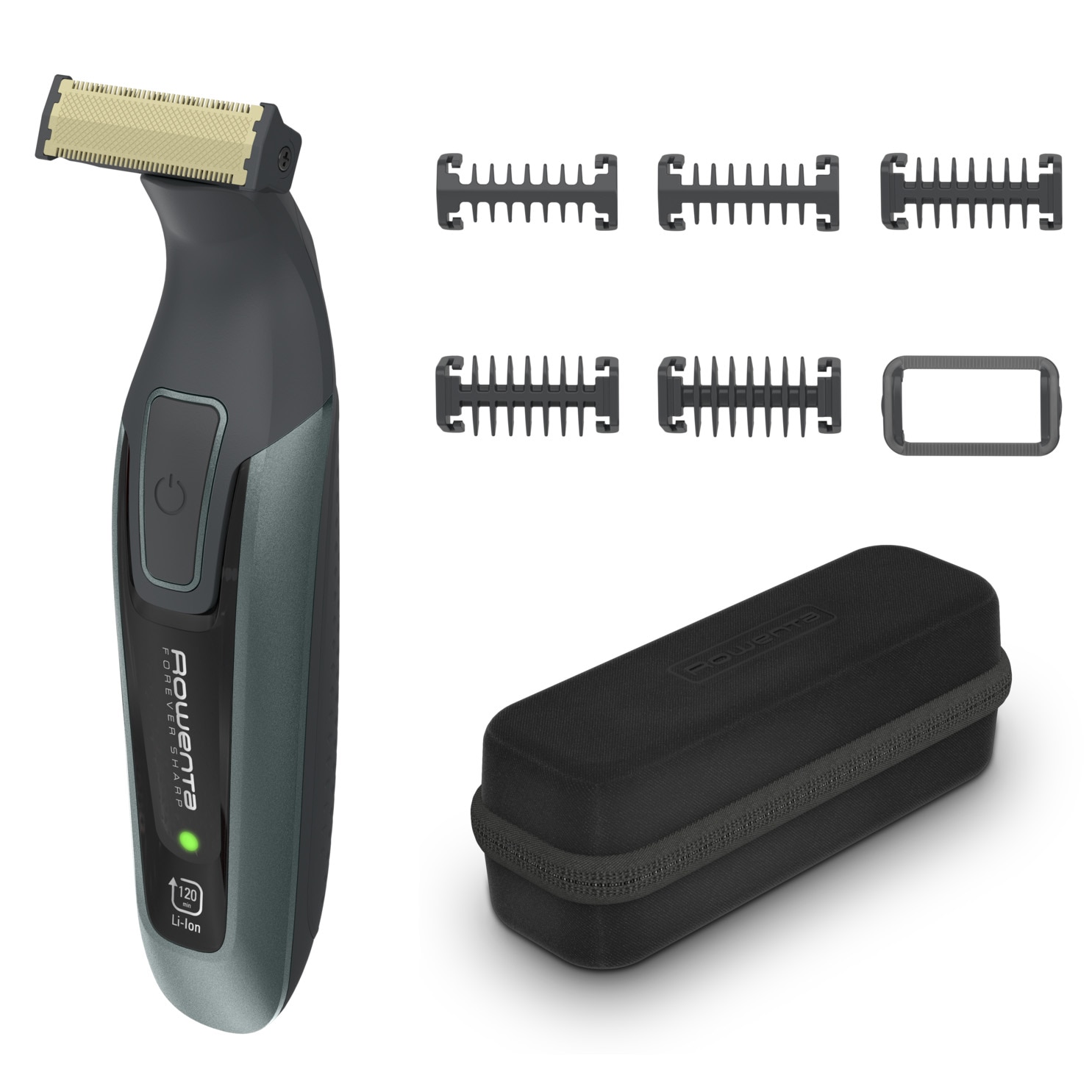 Aparat de tuns, conturat si ras Rowenta Forever Sharp Comfort TN6044E0, 5 piepteni detasabili, autonomie 120 min, incarcare rapida, wet & dry, husa inclusa, negru
