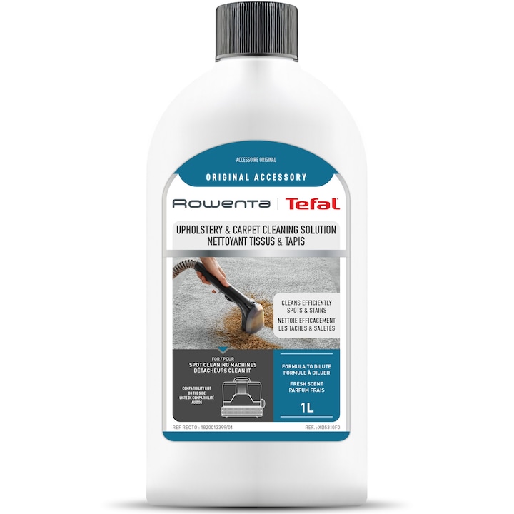 Течен препарат Rowenta XD5310F0, За текстил и килими, 1 литър, Съвместим с прахосмукачка Rowenta Clean IT IN5020F0, IN5011F0