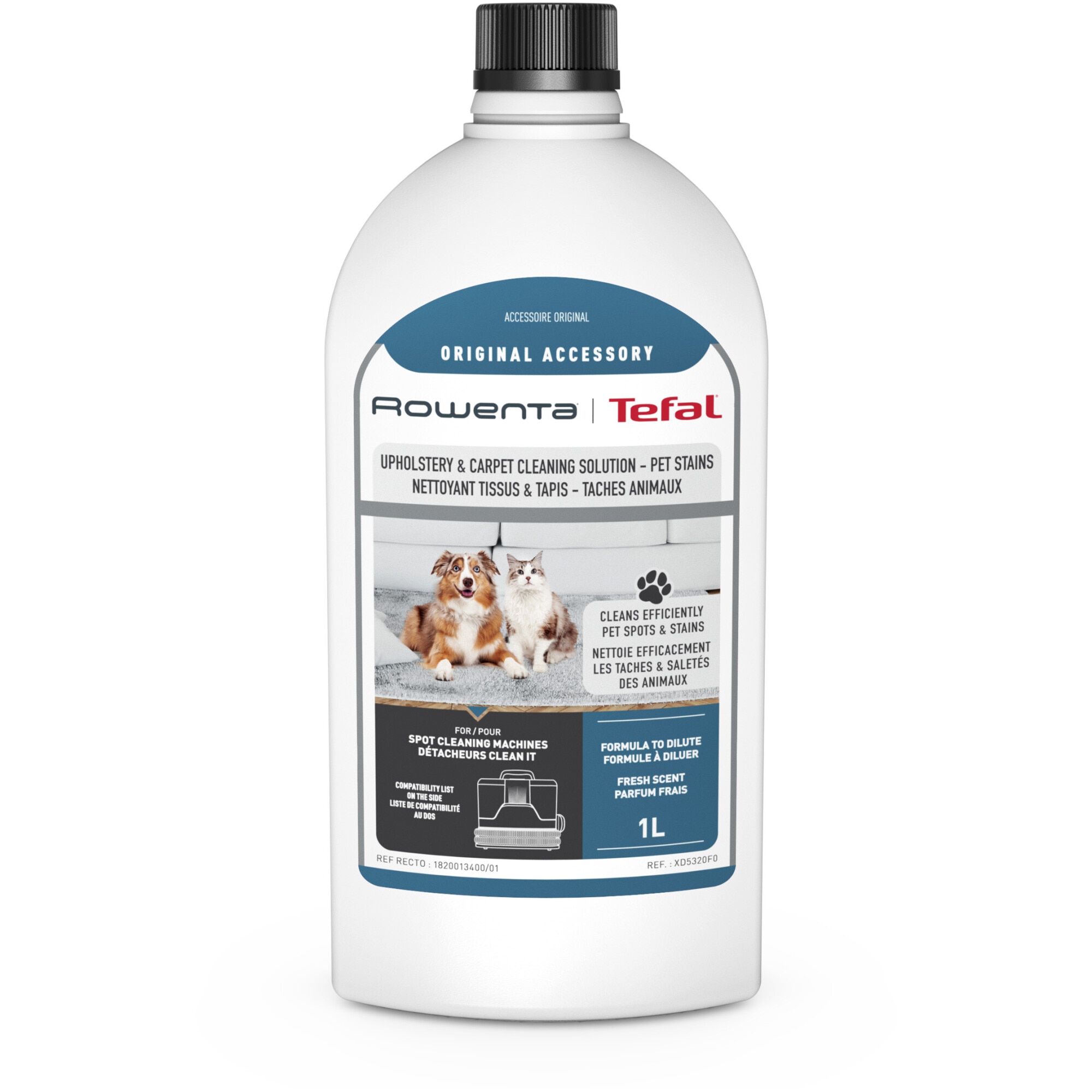 Detergent lichid Rowenta XD5320F0 pentru textile, covoare si pete animale de companie, 1 litru, compatibil cu aspiratorul cu spalare Rowenta Clean IT IN5020F0, IN5011F0