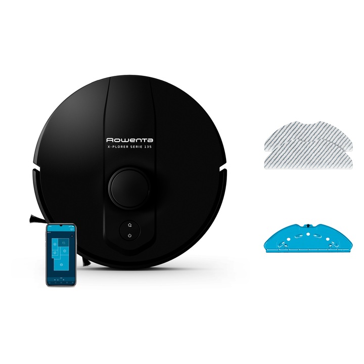 Робот прахосмукачка Rowenta X-Plorer Series S135 RR91C5WH, Прахосмукачка и моп, 5000 Pa, 120 мин, 2 сензора, 360° сканиране, Откриване на препятствия, Карта, Контейнер за прах 350 мл, Контейнер за вода 320 мл, Станция за зареждане, Черен