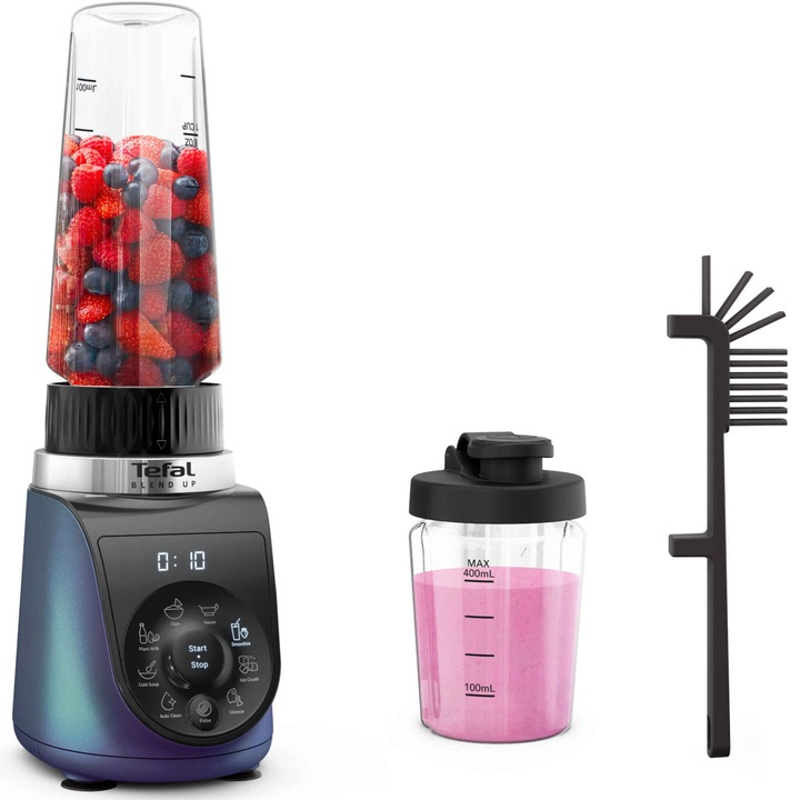 Блендер Tefal Blend Up BL19H4F0, 1000W, Преносими контейнери от 400 мл/700 мл, 8 автоматични програми, 6 подвижни остриета Powelix, Функция за автоматично почистване/Pulse/трошене на лед, Син/Черен