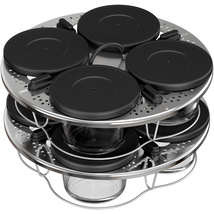 Set de 8 recipiente de sticla cu capac si suport Tefal XA6140E0, compatibile cu multicookerul Tefal Cook4me, seriile CY85xx, CY91xx, transparente