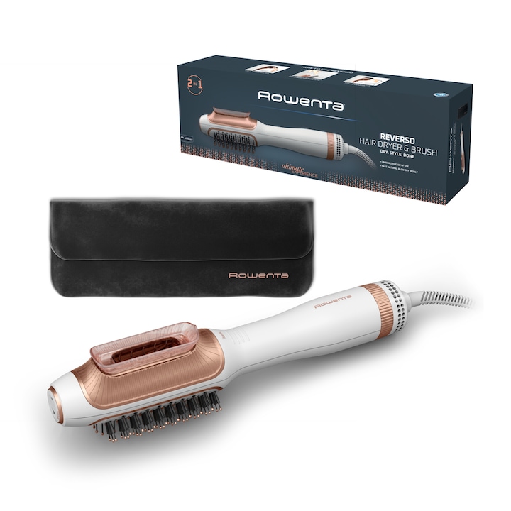 Сешоар и четка с горещ въздух Rowenta Reverso 2 в 1 CF9820F0, 2 нива на скорост/температура, Включен калъф, Бял/Златист