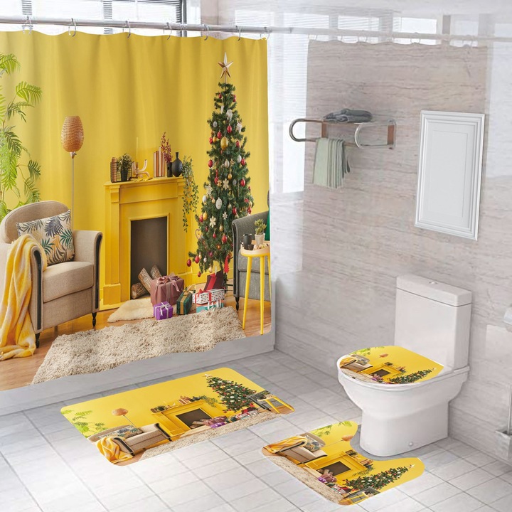 Set de baie de Craciun, Enforose, perdea de dus, covor antiderapant, capac toaleta, 4 piese, multicolor, dimensiune standard