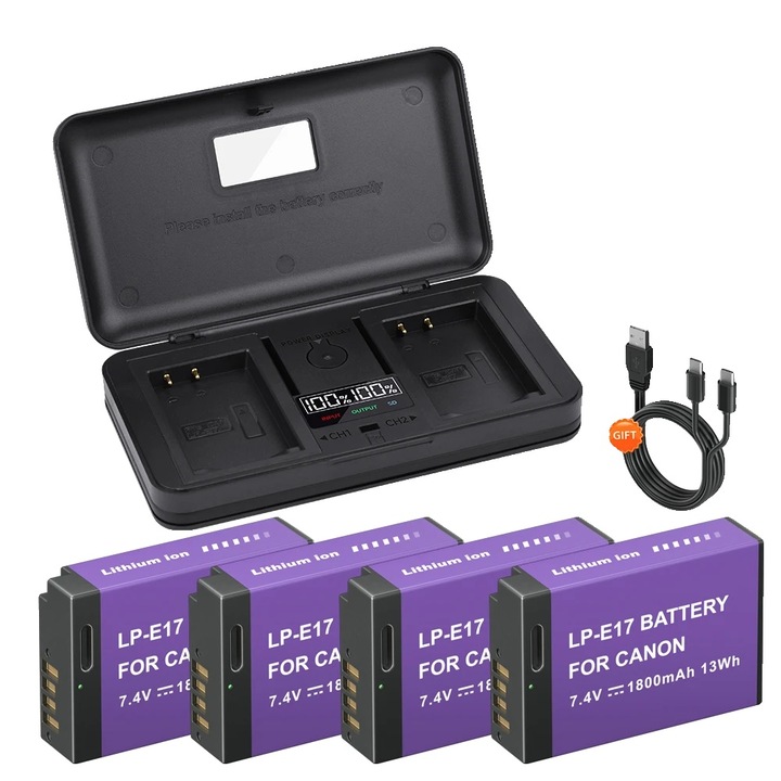 Baterie camera, carcasa incarcator multifunctionala, compatibila cu Canon EOS, 4 baterii si incarcator