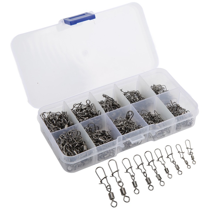 Set 210 vartejuri pentru pescuit, cu agrafa de siguranta, inox, argintiu