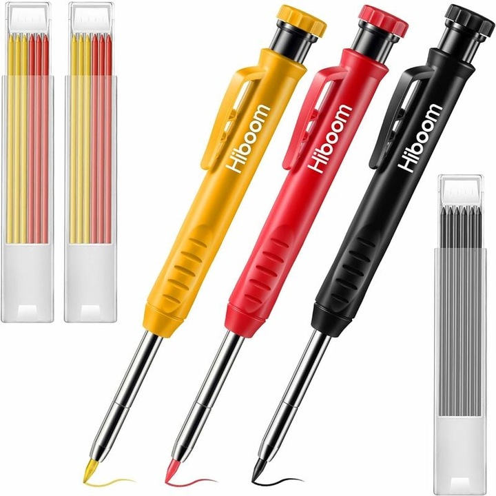 Építőceruza készlet, 3 ergonomikus ceruza, 21 utántöltő, hegyező, hosszú hegy mély helyek jelöléséhez, 2,8 mm, többszínű
