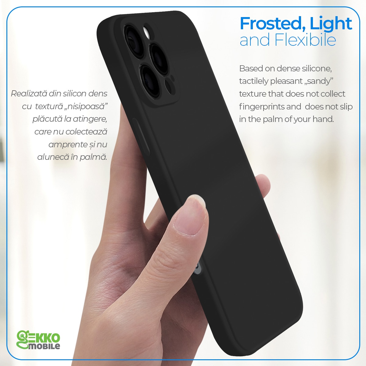 Husa pentru iPhone 16 Pro, Ultrasubtire, din silicon gel, Mata, anti-amprente, decupaje dedicate pentru lentile, porturi si butoane, 0.3mm, Frosted, Neagra