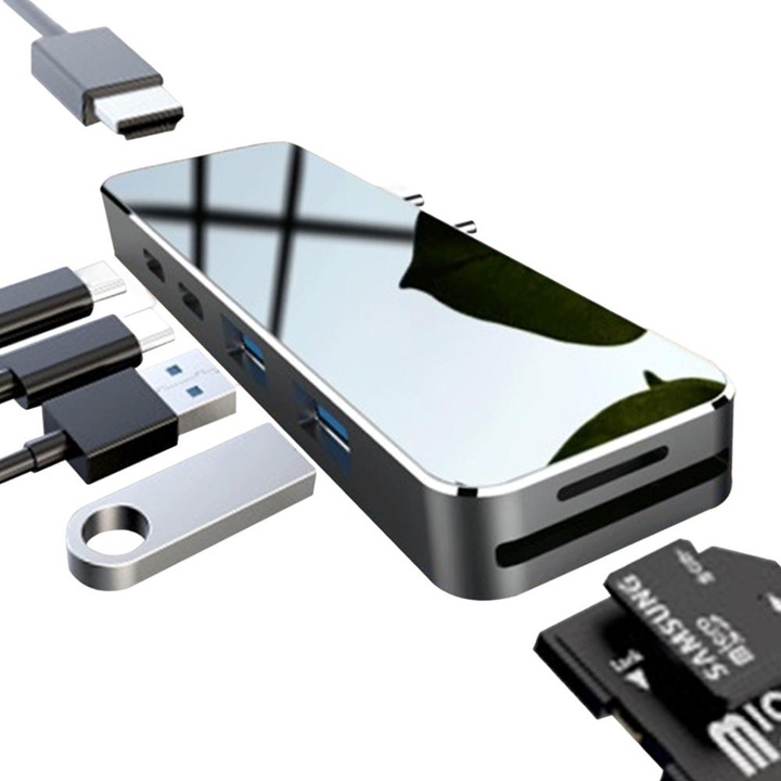 7 в 1 концентратор, Mmgoqqt, USB-C с HDMI 4K, 2 USB 3.0, SD/TF четец, съвместим с MacBook Pro, черен