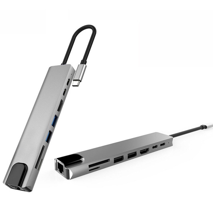 Хъб Type-C 8 в 1, Mmgoqqt, 4K UHD, 2x USB 3.0, 1x SD 3.0, 1x TF 3.0, сив/черен