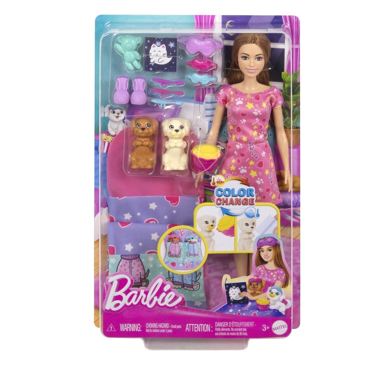 Игрален комплект Barbie - Пижамено парти, с 2 кученца за смяна на цвета