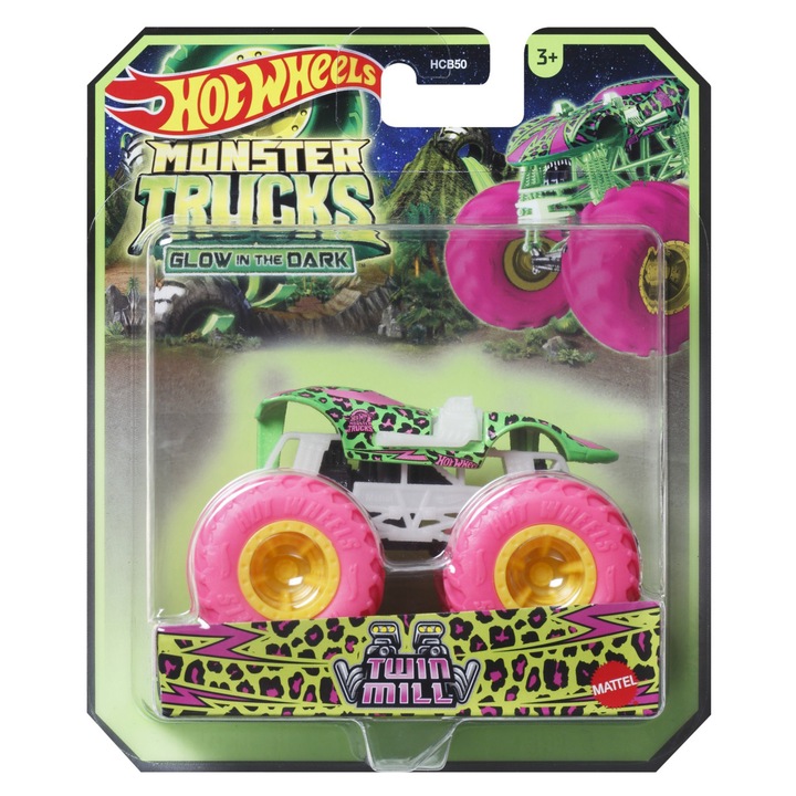 Masinuta Hot Wheels Monster Truck - Glow In The Dark, Twin Mill, scara 1:64