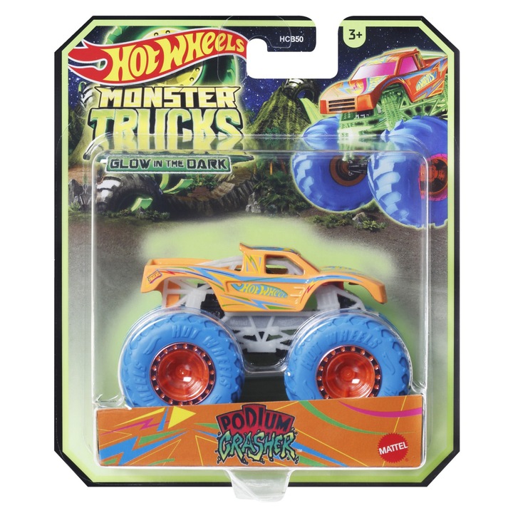 Masinuta Hot Wheels Monster Truck - Glow In The Dark, Podium Crasher, scara 1:64