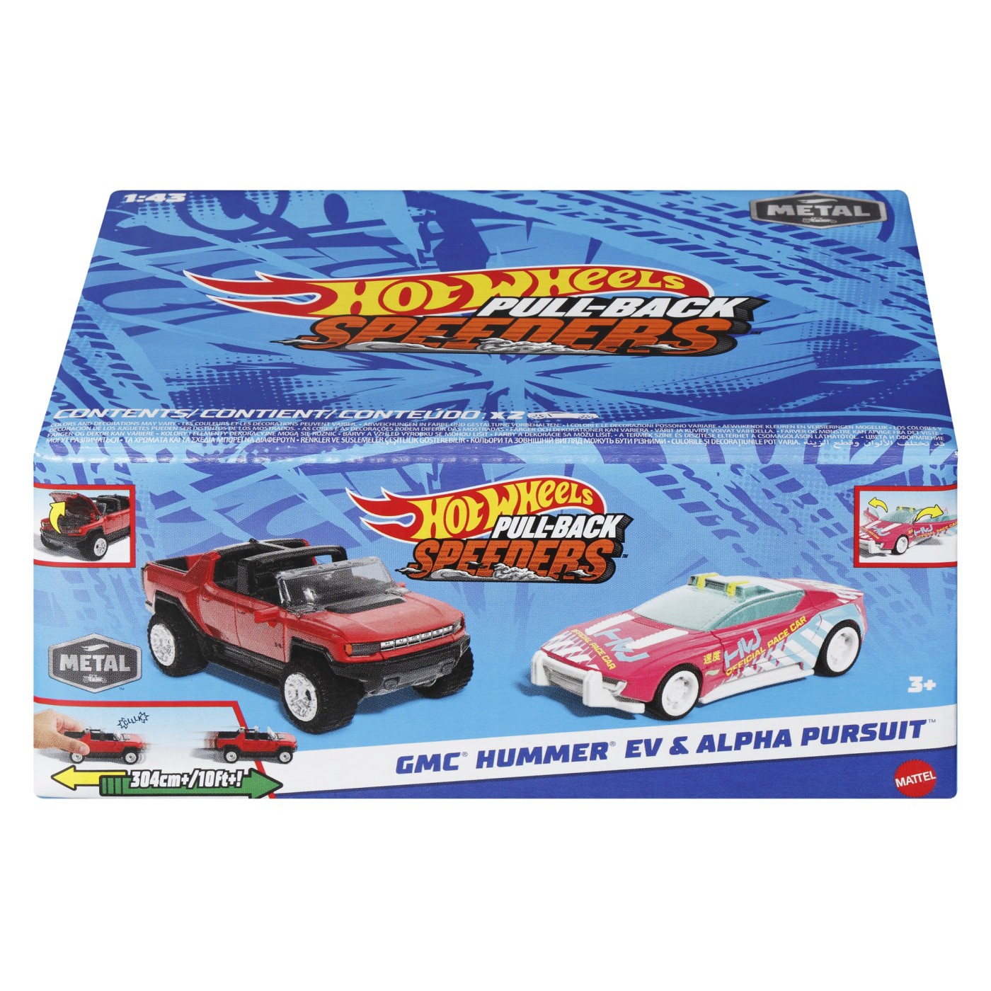 Set 2 masinute metalice Hot Wheels Pull Back - Gmc Hummer Ev si Alpha Pursuit, 1:43