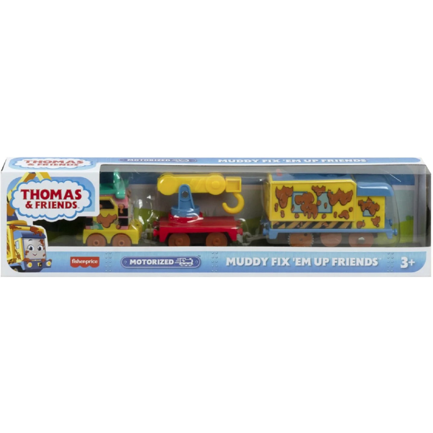 Locomotiva motorizata Thomas & Friends - Muddy Fix Em Up Friends, cu 2 vagoane