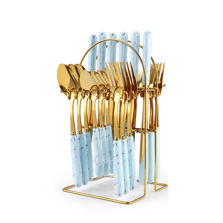 Комплект прибори VENUS STAR, изработен от неръждаема стомана 24 части, с опора, синьо-златисто