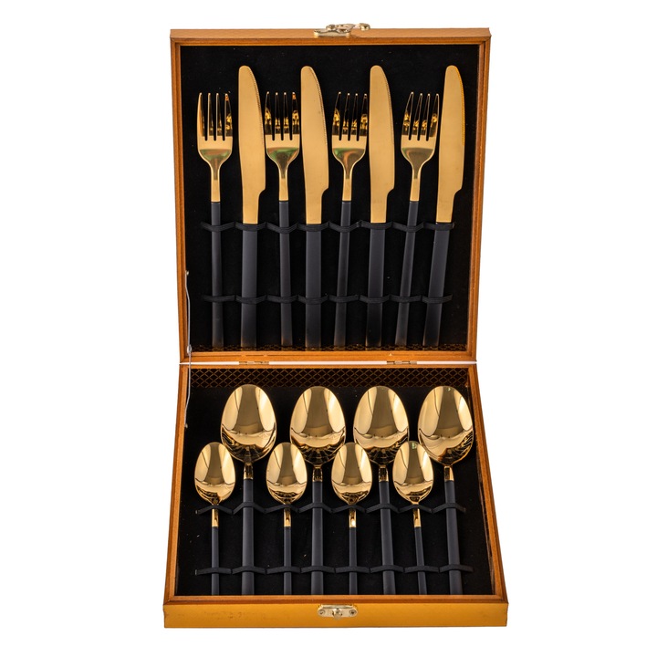 16 db-os VENUS STAR rozsdamentes acél evőeszköz készlet, fekete-arany