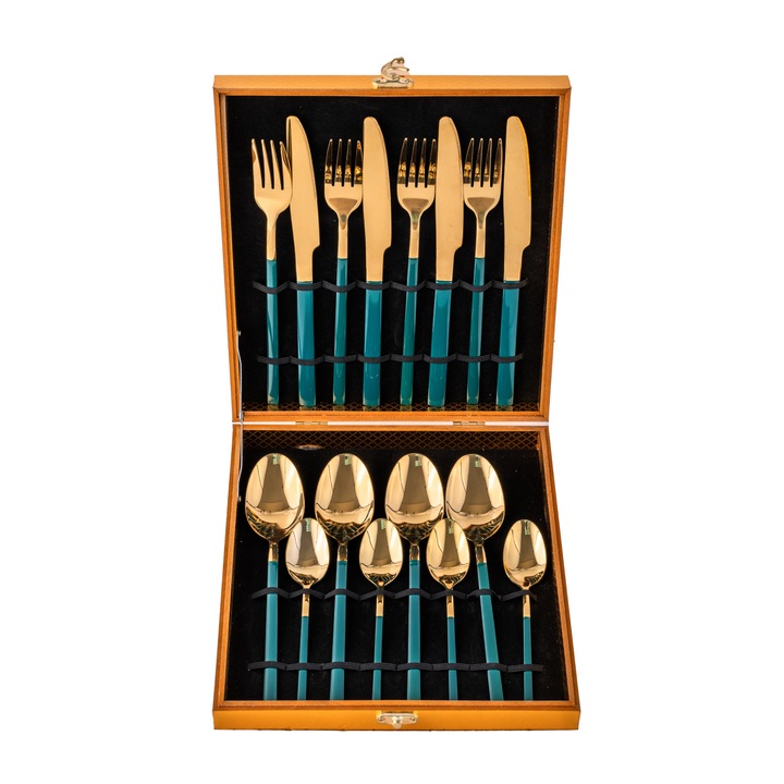 16 db-os VENUS STAR rozsdamentes acél evőeszköz készlet, zöld-arany