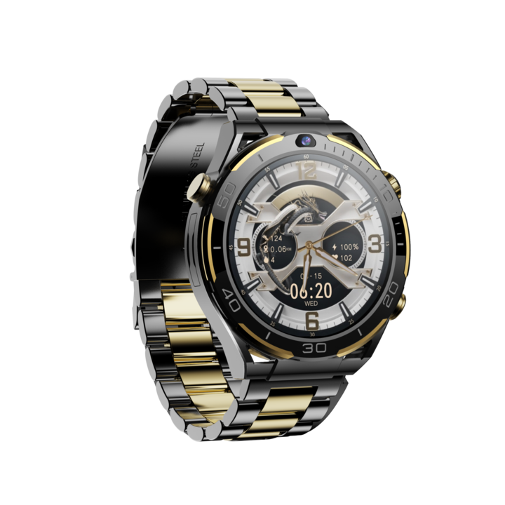 Okosóra iSEN Watch T7, fekete/arany, 4G, 1,5" AMOLED, HD kettős kamera, Android 10, 6 GB RAM + 128 GB ROM, WiFi 5G, GPS, 800 mAh, IP67, fém szíj