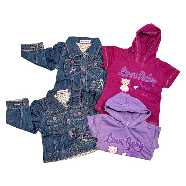 Haine bebelusi fete 4 piese, 2 tricouri bumbac si 2 jachete denim usoare